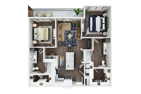 Floor plan for 2 beds, 2 baths, 1077 sqft